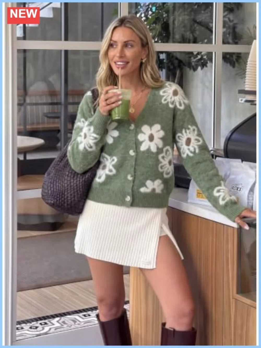 Women's Fuzzy Open Front Knit Cardigan Floral Button Detail Sweater